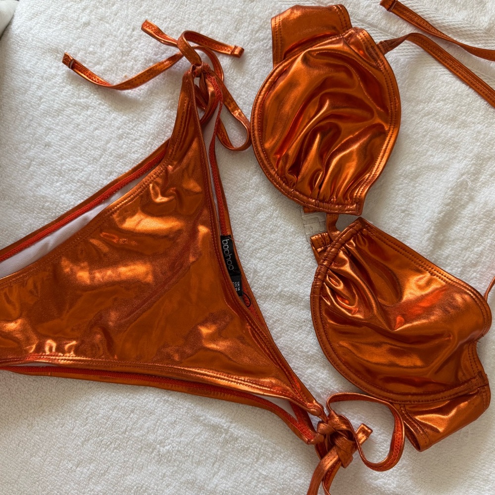 Boohoo Orange Triangle Bikini Shiny Tie-Side